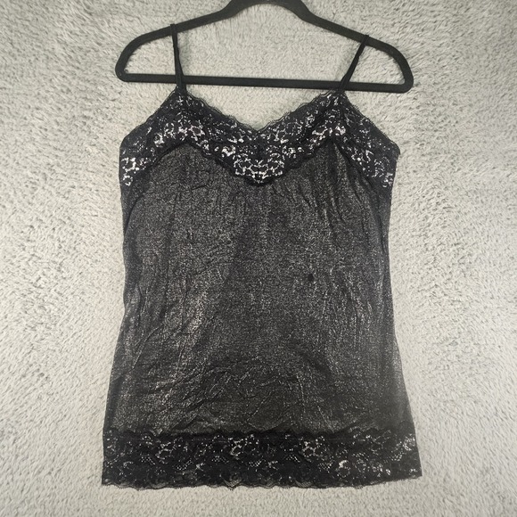 Vanity Tops - Vtg Vanity Cami Top Junior L Black Metallic Lace Trim Crinkle Y2K Whimsigoth 90s